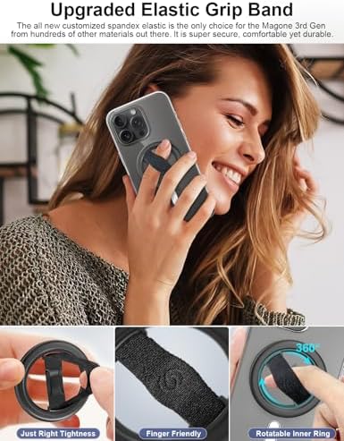 Revolutionize Your Mobile Handling with EWA Mag One Lite 3 rd Gen 360° Rotating Phone Grip – Customizable Elastic Finger Strap for Ultimate Comfort – Lightweight, Stylish Mag Safe Compatible Holder for i Phone 15, 14, 13 Pro/Max/Plus in Sleek Black – Perfect Blend of Functionality and Aesthetics for Everyday Use