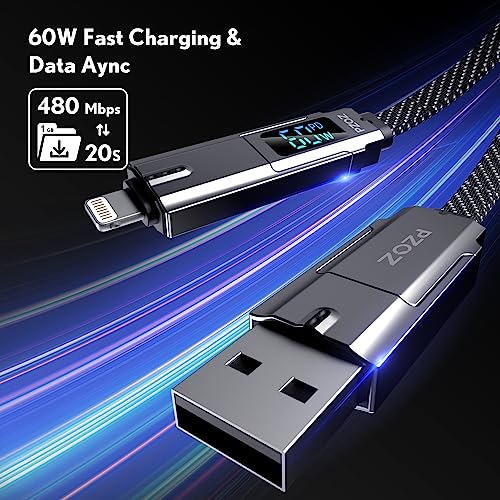 pzoz 4-in-1 USB C Fast Charging Cable with LED Status Display – Versatile Multi-Device Charger for i Phone 16/15/14 Pro Max, i Pad, Mac Book, Air Pods Pro, Samsung, and Google (60 W, 5 ft) – Streamlined Efficiency, Enhanced Durability, and Universal Compatibility for All Your Charging Needs