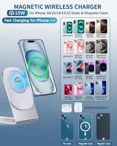 Magnetic Wireless Charger for i Phone 15/14/13/12 Series – Versatile Mag Safe Charging Stand with Dual Ports & 5 ft Cable for i Phone and Air Pods 2/3/Pro (Adapter Not Included) – Enhanced Speed & Seamless Compatibility for Effortless Power Solutions