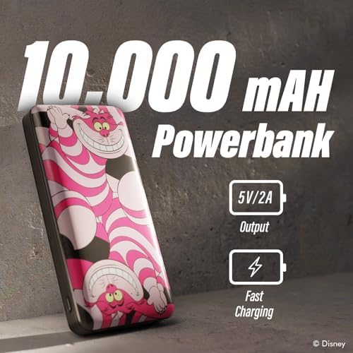 Disney Alice in Wonderland Portable Power Bank – 10,000 m Ah Slim Charger with USB-A for All Devices – Chic Cheshire Cat Design for Disney Fans – Ideal Travel Companion and Unique Gift for All Ages – Perfect for Charging Smartphones, Headphones, and Smartwatches – Officially Licensed Disney Merchandise