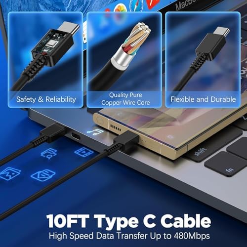 High-Speed Dual 45 W Charger Set with 10 ft USB-C Cable – Optimal Charging Solution for Samsung Galaxy S24/S23/S22/S21/Note 20/Note 10+ – Advanced Safety Features & Extended Reach for Android Devices