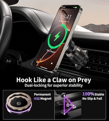 Mag Safe Wireless Car Charger Mount – Ultimate Magnetic Phone Holder for i Phone 12-16 Series, Dash/Windshield/Vent Compatibility, Enhanced Quick Charge with LED Light for Safe Navigation and Seamless Connectivity