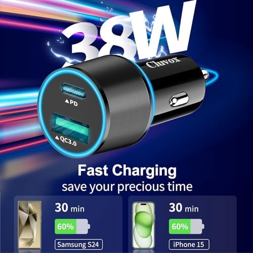 Dual Port 38 W USB-C Car Charger (2 Pack) – Fast Charge Your i Phone 16 Pro/Max/Plus & Samsung Galaxy S25/S24/S23 with 20 W PD & 18 W QC – Includes 3.3 FT Type C Cable – Sleek Black Design for Enhanced Compatibility and Efficiency, Perfect for Road Trips and Daily Commutes