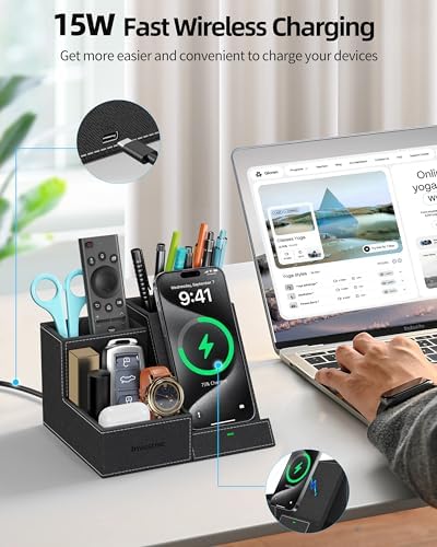 Elevate Your Workspace: Multifunctional Wireless Charger & Desk Organizer with 3 Compartments and Phone Stand – PU Black – Fast Charging & Stylish Office Essential for Maximum Productivity and Organization