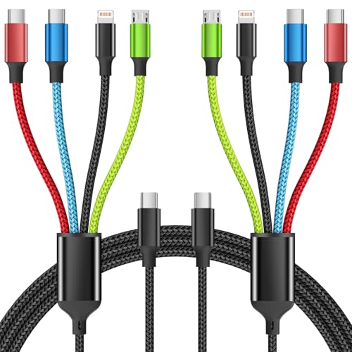 Versatile 4-in-1 Multi Charging Cable – 5 FT Nylon Braided Cord with Lightning, IP, Type C, and Micro USB Connectors for Universal Device Compatibility – Fast Charging Solution for Smartphones, Tablets, and More – Perfect for Home, Office, and Travel