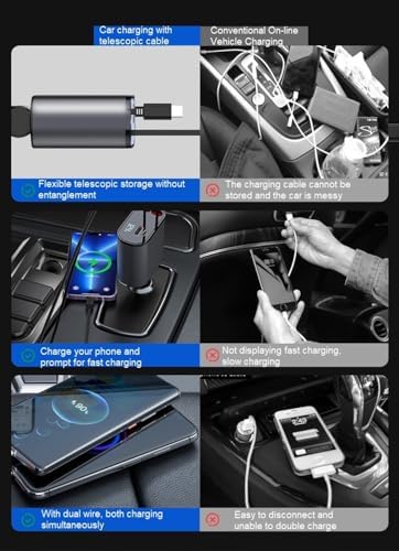 Advanced 4 in 1 Retractable Car Charger with Dual Cables for Fast Charging: Compatible with i Phone 11-15, i Pad, and Samsung Galaxy S22/S23 – Compact Design for Tangle-Free Convenience and Enhanced Device Compatibility