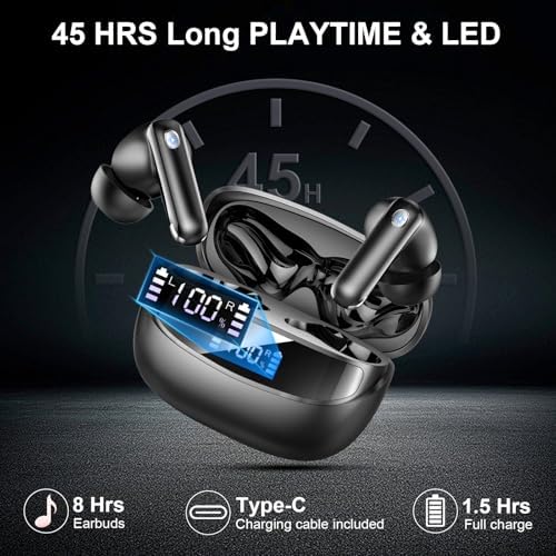 Revolutionize Your Sound with Bluetooth 5.4 Wireless Earbuds – 45 Hours of Playtime, IP7 Waterproof, Hi-Fi Stereo Audio & 4 ENC Noise-Cancelling Microphones for Crystal-Clear Calls – Ergonomic Comfort for Android & i OS Users – Your Ultimate Audio Companion for Any Adventure