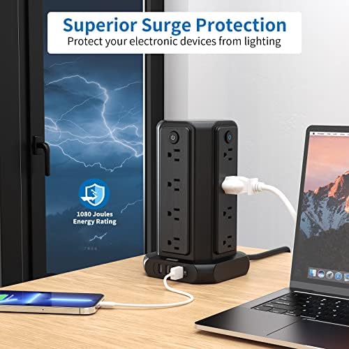 10 ft NTONPOWER Power Strip Tower with 8 Outlets & 5 USB Ports – Premium Surge Protector with Individual Switches, 1080 Joules Protection, 13 A Circuit Breaker – Ideal for Home Office & Entertainment Setup, Sleek Black Design for Ultimate Convenience