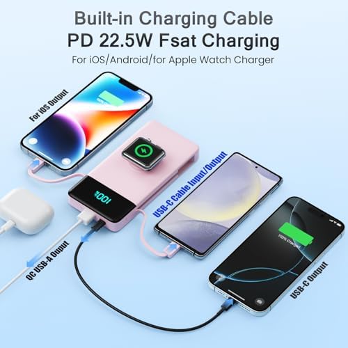 10800 m Ah Portable Charger with Built-in Cables & Wall Plug – 6-in-1 Power Bank for i Phone 16/15/14, Android, Apple Watch – Ultra-Fast QC4.0 & PD Charging with LCD Display – Slim, Lightweight Design for Travel & Outdoor Use – Charge 5 Devices Simultaneously – Hassle-Free Charging Solution with 24-Month Warranty