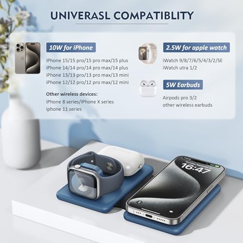 Revolutionize Your Charging Experience with the Ultimate 3-in-1 Wireless Charging Station for i Phone, Apple Watch, and Air Pods – Magnetic Foldable Design for Enhanced Portability and Fast Charging Compatibility with i Phone 16, 15, 14, 13, 12 Pro Max Plus – Effortlessly Streamline Your Tech Setup and Eliminate Cable Clutter – Durable and Stylish Solution for Home and Office Use