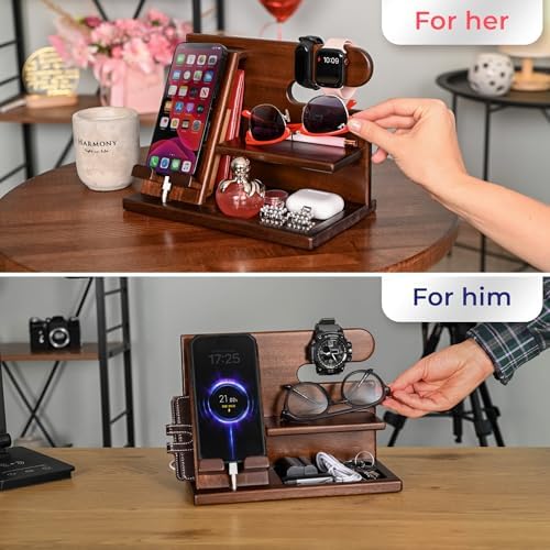 TESLYAR Wood Phone Docking Station for Men – Desktop or Nightstand Organizer – Birthday Gifts for Men, Dad – Anniversary Idea from Wife – Key Holder, Stand Wallet, Watch & Essentials (Antique Brown) – Enhanced Compatibility and Speed