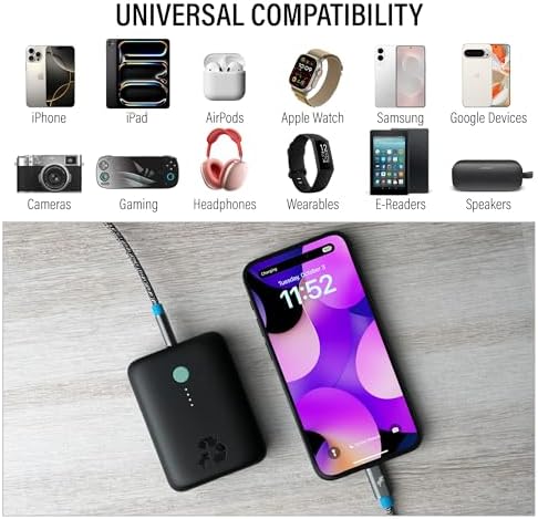Champ Lite Ultra-Compact 5200 m Ah Fast Charge Power Bank – 15 W Dual USB-C & A Ports, Essential Travel Battery Pack for i Phone, Galaxy, Pixel, Mac Book, i Pad, Kindle, Air Pods & More – Lightweight Portable Charger with Charging Cable for On-the-Go Energy Solutions