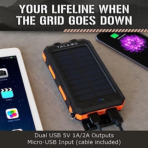 TACAMO® All-Weather Solar Power Bank – IP67 Waterproof & Dustproof – Ideal for Camping & Backpacking – Fast Dual USB Charging – Emergency 3-Mode Flashlight – Eco-Friendly Outdoor Power Solution