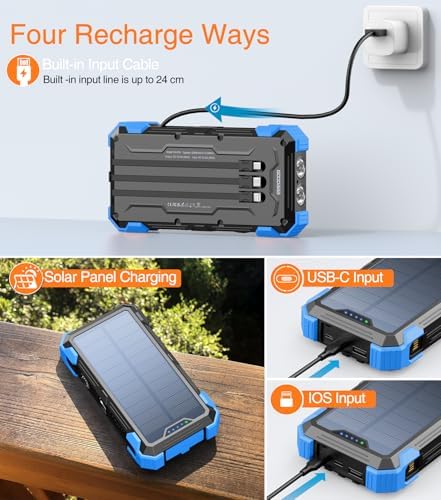 GOODaaa 42800 m Ah Portable Solar Power Bank with Built-in Cables and 15 W Fast Charging – Multi-Device Outdoor Charger with 5 Outputs, 3 Inputs, Emergency Flashlight and Durable Carabiner for Ultimate Convenience and Reliability