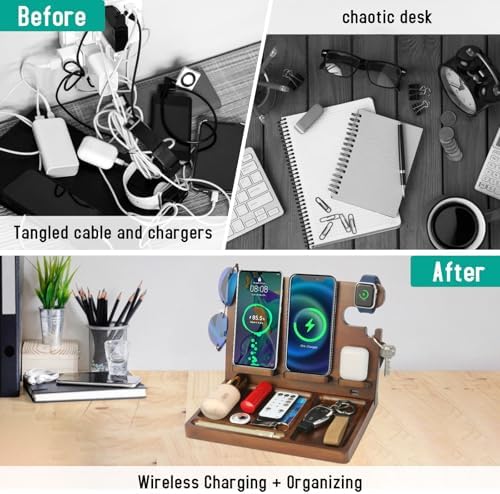 Eco-Friendly Wood Phone Docking Station with Dual 27 W Fast Charging for i Phone, Samsung, Apple Watch & Air Pods – Stylish Nightstand Organizer and Ideal Gift for Men and Women on Birthdays or Anniversaries