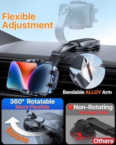 YRU 2025 Upgraded 360° Rotatable Car Phone Holder – Secure Suction Dashboard & Windshield Mount with Flexible Bendable Arm for i Phone 16 Pro Max & 15 – Enhance Driving Safety & Accessibility with Sturdy Design for Uninterrupted Use