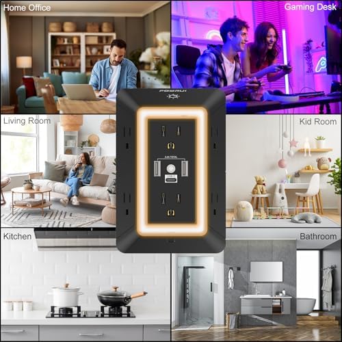POWRUI 6-Outlet Surge Protector with 3 USB Ports (1 USB-C) and Integrated Night Light – Space-Efficient Power Strip for Home & Office – ETL Listed for Ultimate Safety and Fast Charging – Versatile 3-Sided Design with Adapter Spaced Outlets for Large Plugs – Streamline Your Charging Needs with Enhanced Compatibility and Reliability