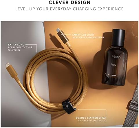 Native Union Type-C Belt Cable Pro – 8 ft Durable USB-C to USB-C Charging Cable with Leather Strap for i Phone 16, Mac Book Pro M2 – 240 W Fast Charge & Data Transfer Solution, Enhanced Resilience for Home & Office Use