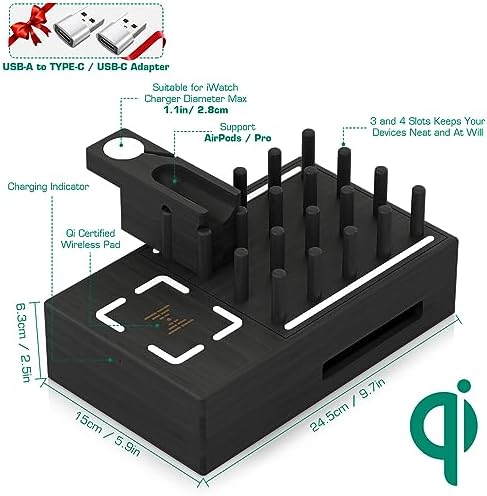 Eco-Friendly Bamboo Wireless Charging Station – Versatile Docking Organizer with 7 USB Ports for Fast Qi-Certified Charging of Smartphones, Smartwatches, Earbuds, and Tablets – Sleek Design for Enhanced Productivity and Clutter Reduction