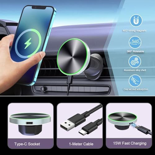 Universal Magnetic Car Vent Phone Holder by Phone Skope – 15 W Qi Fast Wireless Charging, 360° Adjustable Viewing Angle, Robust Magnetic Grip, Case-Compatible Design for Effortless Safe Driving and Hands-Free Navigation