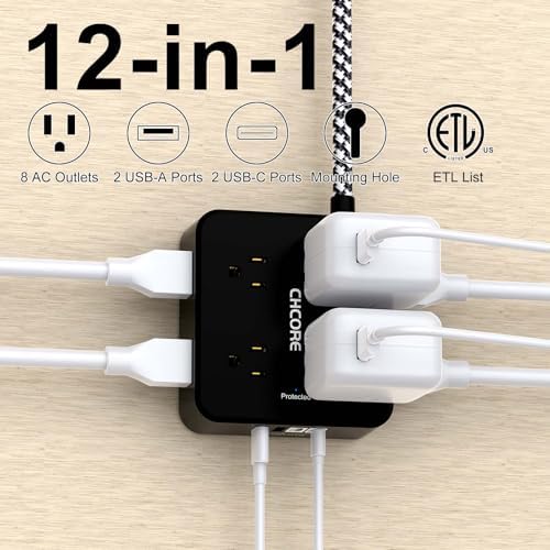 CHCORE 5 Ft Surge Protector Power Strip – 8 Outlet Power Hub with 4 USB Ports (2 USB-C) for Rapid Charging, Flat Plug Design for Space-Saving Convenience in Home and Office, ETL Certified for Enhanced Safety and Performance
