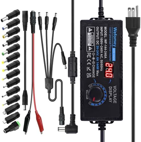 Versatile 72 W Adjustable AC/DC Power Adapter with 14 Interchangeable Tips – Universal Charger for 3 V-24 V Devices, Fast Charging Solution for Laptops, Routers, and Cameras, Compact and Durable Power Supply for Home and Office Use