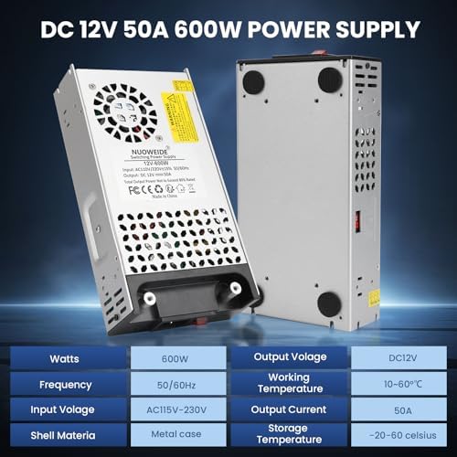 High-Efficiency 110 V AC to 12 V DC Power Supply Converter – 50 A 600 W Transformer Ideal for RVs, Pumps, LED Strips & LCD Monitors – Reliable Performance with Advanced Safety Features and Versatile Compatibility