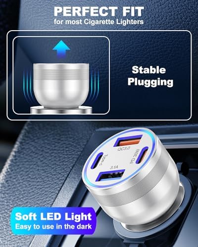Agtray 65 W 4-Port Fast Charging Car Charger with 6 FT USB C Braided Cable – High-Performance USB C Adapter for i Phone 16, Samsung Galaxy S25, and Pixel 9 – Ultimate Multi-Device Charging Solution for Road Trips and Daily Commutes – Compact, Durable, and Safety-Enhanced Car Accessory