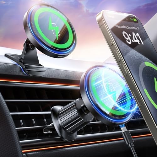 Mag-Safe Car Charger Mount: 15 W Magnetic Wireless Charging Solution for i Phone 12-16 Series – 3-in-1 Multifunctional Holder for Enhanced Navigation and Streaming – Sleek, Durable Design Perfect for Tech Lovers on the Go