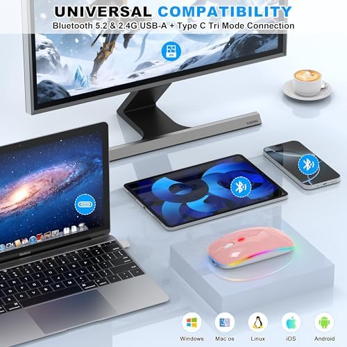 Sleek LED Bluetooth Wireless Mouse for Mac & PC – Rechargeable, RGB Light-Up Design with Dual Connectivity (BT5.2 + 2.4 G USB) – Slim, Portable Mouse with Jiggler Function for Work & Play – Enhanced Performance & Style in White