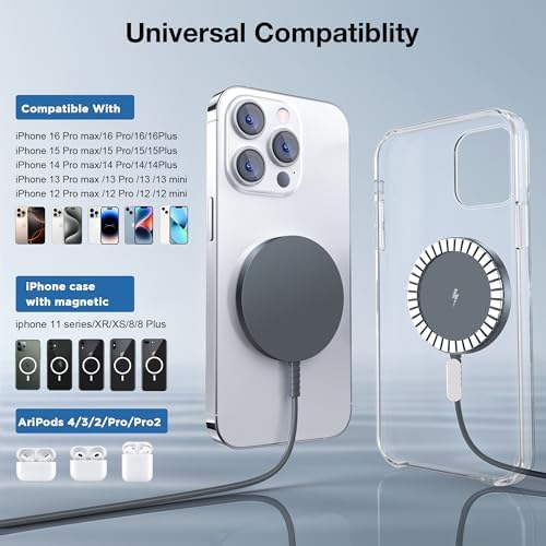Magnetic Wireless Charging Pad for i Phone 16, 15, 14, 13, 12 & Air Pods 4-2 Pro – Ultra-Thin Aluminum Alloy Design with Strong Magnet for Secure Connection, USB-C/A Compatibility, Perfect for Desk & Travel – Elevate Your Charging Experience with Effortless Convenience and Style