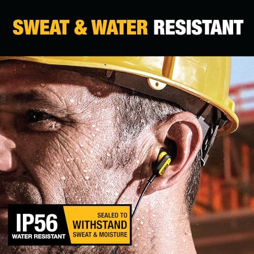 DEWALT Heavy Duty Bluetooth Neckband Earbuds for Professionals – Wireless 5.2 Headphones with IP56 Waterproof Protection, 20-Hour Playtime, Deep Bass Audio, and Built-in Microphone for Clear Calls – Ultimate Comfort and Durability for Jobsite Use