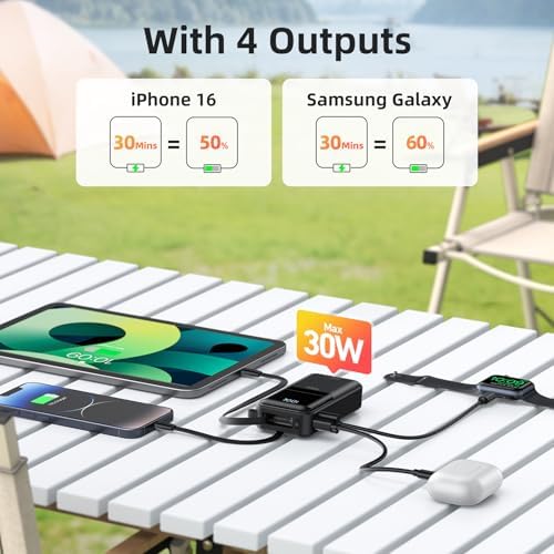 Ultimate 30 W Fast Charging Mini Power Bank for i Phone and Samsung – 10,000 m Ah Portable Charger with Built-In USB-C & Lightning Cables, LED Battery Indicator – Perfect Travel Companion for On-the-Go Charging