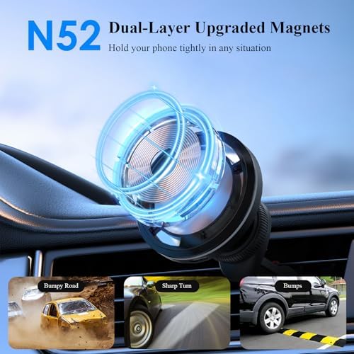 Minthouz Magnetic Wireless Car Charger – 15 W Fast Charging for i Phone 16/15/14/13/12 Series & Qi-Certified Devices – Secure Mag Safe Car Mount for Effortless Navigation & Hands-Free Calls – Sleek, Durable Design for Every Vehicle