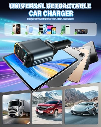 Liv Tee Starlight 66 W 4-in-1 Retractable Car Charger – Fast Charge for i Phone & Android with Dual USB Ports, Tangle-Free Cable Storage, Sleek Dark Grey Design, Premium Car Accessory for Efficient On-the-Go Power