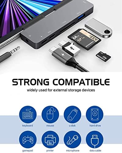 Elevate Your i Pad Pro Experience with Our Versatile 6-in-1 USB C Hub Adapter – Featuring 4 K HDMI, Dual USB 3.0 Ports, 3.5 mm Audio Jack, PD 60 W Charging, and SD/TF Card Slot – Perfect for M2, M1 i Pad Pro 11, 12.9 (2018-2022), i Pad Air, and Mini – Unleash Seamless Connectivity and Effortless Productivity