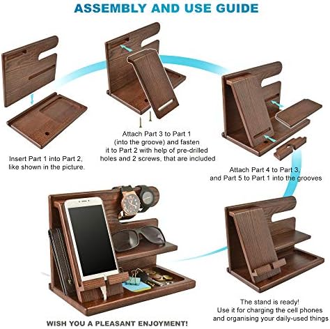 TESLYAR Wood Phone Docking Station for Men – Desktop or Nightstand Organizer – Birthday Gifts for Men, Dad – Anniversary Idea from Wife – Key Holder, Stand Wallet, Watch & Essentials (Antique Brown) – Enhanced Compatibility and Speed