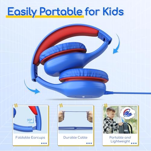 Kid-Friendly Foldable Wired Headphones with Microphone – Volume Limiting Safety (85/94 d B) for Hearing Protection, Share Port for Collaborative Audio, Ideal for Tablets, PCs, and School Use – Enhanced Type C Compatibility for Optimal Sound Quality and Comfort