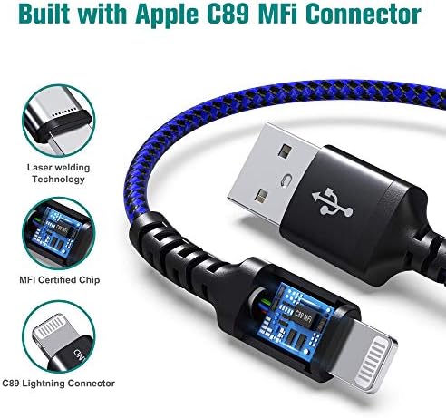 Apple C89 MFi Certified 7-Foot Lightning to USB-A Braided Charging Cable for i Phone 14/13/12/11 Pro, Max, Mini, SE, XS, XR, 8/7/6 Plus, i Pad & Air Pods – Durable, Fast Charging & Stylish Orange/White Design for Enhanced Compatibility