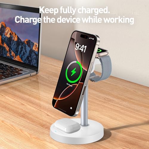 APSARAS 3-in-1 Wireless Charging Station for i Phone 16/15/14/13/12, Air Pods & Apple Watch Series S11 – Stylish Mag Safe Compatible Dock with Enhanced Speed and Safety Features for Clutter-Free Charging Solutions