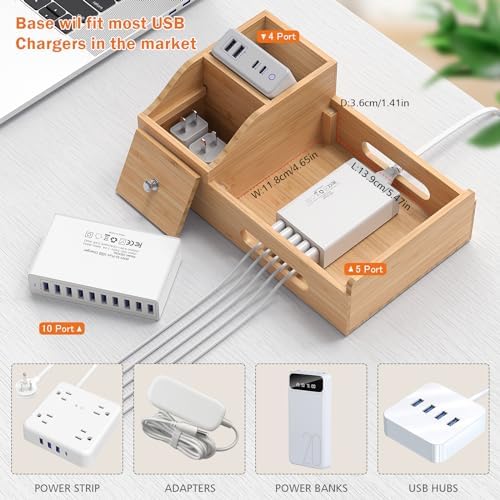Sleek Bamboo Multi-Device Charging Station with 5 USB Ports, Integrated Smart Watch Stand & 5 Charging Cables – Ultimate Desktop Organizer for Cell Phones, Tablets & Smartwatches – Eco-Friendly Design for Fast Charging & Clutter-Free Spaces