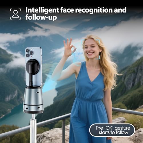 Smart Auto Face Tracking Tripod with Wireless Charging – 360° Rotating Stand for Effortless Video Calls & Vlogging – No App Needed, Gesture Control, Rechargeable Design for i Phone & Samsung Galaxy – Capture Every Moment Seamlessly