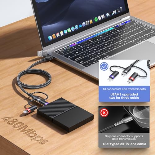 60 W PD USB C Multi-Functional Fast Charging Cable – 5-in-1 Nylon Braided Cord for Universal Compatibility with Laptops, Tablets, and Smartphones (4 FT, Grey) – Rapid Power Delivery with 3 A Fast Sync Technology