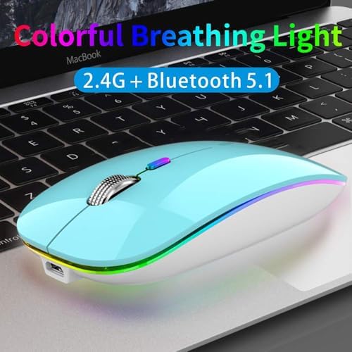 TENMOS Sleek LED Bluetooth Mouse – Ultra-Quiet Rechargeable Wireless Mouse with Type C Adapter for Laptops, Mac Books & i Pads – Bluetooth 5.1 & 2.4 GHz Universal Compatibility in Vibrant Blue – Perfect for Home, Office, and On-the-Go Productivity