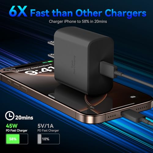 High-Speed 45 W USB-C Wall Charger for i Phone 16 Pro Max – Includes 6 FT Long Charging Cable for Ultimate Flexibility and Rapid Power Boost – Perfect for i Phone 16 Series & Samsung S24 – Compact Design with Advanced Safety Features