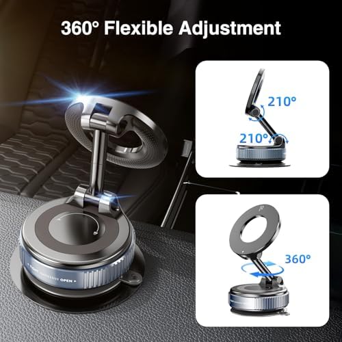 Vacuum Magnetic Phone Holder, Magnetic Car Phone Holder Mount Dual Ided Suction Vacuum, Foldable 360° Adjustable Cell Phone Stand Mount for All Smartphones & All Car Models – Enhanced Compatibility and Speed