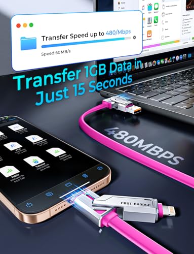 SHEZI 4-in-1 USB C Charging Cable | 240 W Fast Charging Solution for i Phone 16/15 & More | 5 FT Durable Flat Silicone Cord with Lightning, USB-C, USB-A Connectors | Versatile Multi-Device Charger for Home, Office & Travel | Enhanced Compatibility & Speed