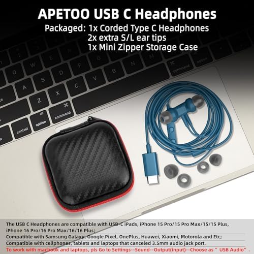 APETOO USB C Wired Earbuds – Premium In-Ear Headphones with Built-in Microphone for Galaxy S24, S23 Ultra & i Phone 16 Plus – Exceptional Sound Clarity, Ergonomic Fit, and Tangle-Free Cord for Ultimate Listening Freedom