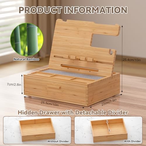 Pezin & Hulin Wooden Charging Station, Bedside Nightstand Tray, with Spacious Drawer, Felt Pads for Phones, Watch, Idea Gifts for Him Birthday, Son, Christmas for Papa Fathers Day – Enhanced Compatibility and Speed