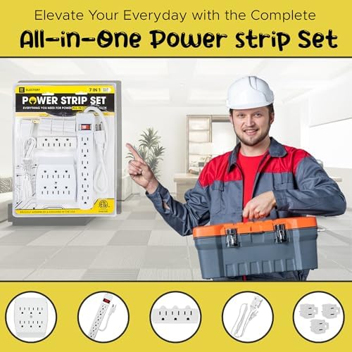 Comprehensive 7-Piece Multi-Outlet Power Management Kit – Versatile 6 Outlet Power Strip, Dual Outlet Extenders, 5 Ft Indoor Extension Cord & 3 Prong Adapters for Enhanced Compatibility – Essential Home & Office Surge Protection Solution in Sleek White Design